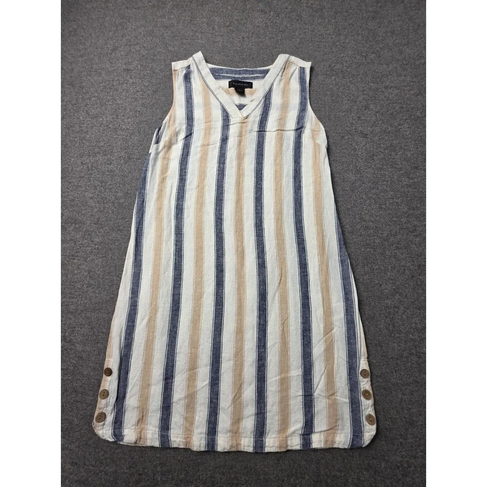 Tahari Shift Dress Womens XS Multi Striped Linen Blend Sleeveless Side Button